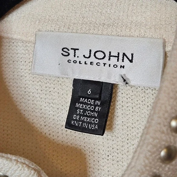 St. John Collection Wool Blend Knit Studded Career Ivory Neutral Cardigan Size 6